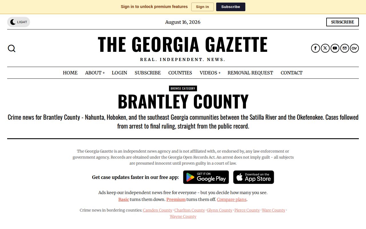Georgia booking-news publisher interface for Brantley County coverage