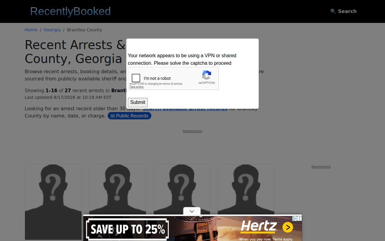 RecentlyBooked Brantley County secondary booking-record interface
