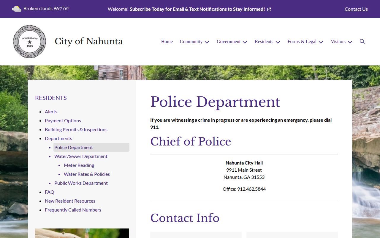 Nahunta Police Department page with City Hall contact information for Brantley County arrest records