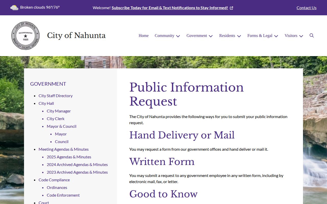 Nahunta public information request page for written city records requests